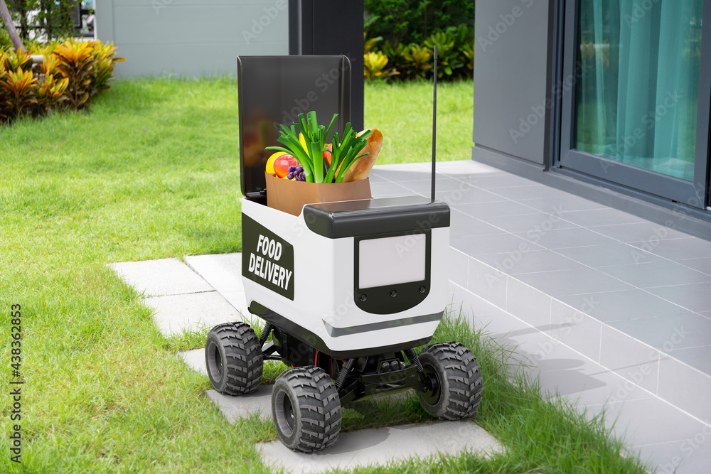 Autonomous robots deliver food to customers, Smart artificial intelligence technology concept - obrazy, fototapety, plakaty 
