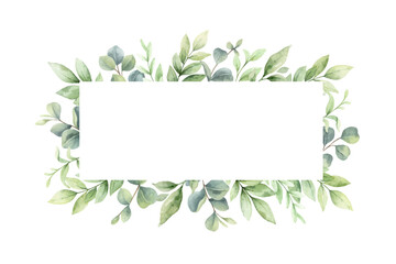 Wall Mural - Watercolor vector wreath of green branches and leaves.