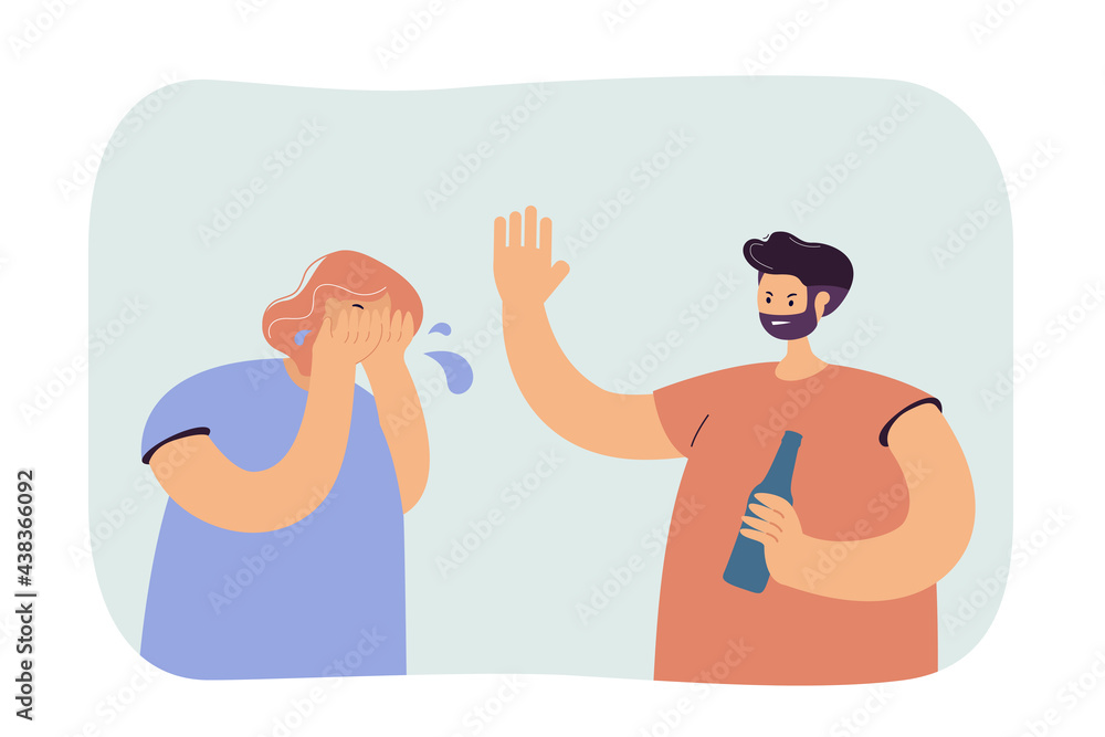 Drunk man abusing woman. Bearded male character with bottle screaming at crying wife or girlfriend. Alcohol problems or family abuse concept for banner, website design or landing page - obrazy, fototapety, plakaty 