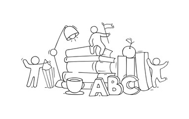  Sketch of many books with studing little people.