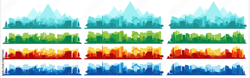 Collection of city landscapes on a light background. City landscape in different colors.  - obrazy, fototapety, plakaty 