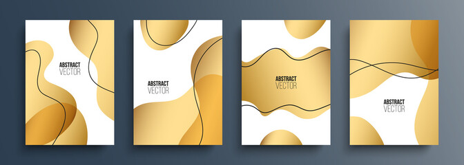 Set of gold luxury abstract backgrounds with various golden dynamic shapes and black outlines for your creative graphic design. Vector illustration.