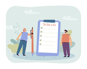 Sticker - Young couple making to-do list. Tiny cartoon characters with pencil and clipboard flat vector illustration. Time management, productivity concept for banner, website design or landing web page