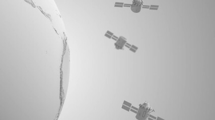 Wall Mural - global satellite system. LEO communication satellites fly around the earth. light gray style looping animation