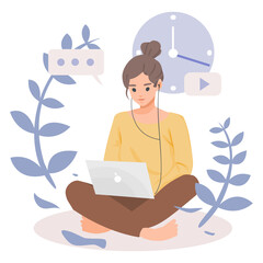 woman sitting listening lesson with laptop concept of online learning, e-learning, self-education, flat vector illustration 
