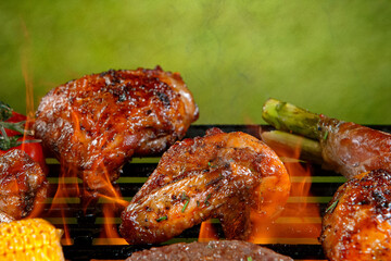 Wall Mural - Delicious grilled chicken legs on a barbecue grill, close-up.