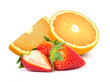 orange fruit and strawberries isolated on white background.