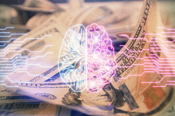Fototapete - Double exposure of brain drawing over us dollars bill background. Technology concept.