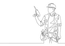 One Single Line Drawing Of Young Handyman Wearing Uniform While Holding Drill Machine. Repairman Construction Maintenance Service Concept. Continuous Line Draw Design Illustration