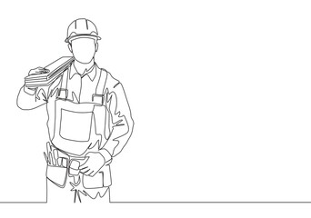 Wall Mural - Single continuous line drawing of young handsome lumberjack on uniform carrying stack of wooden boards. Building construction service concept one line draw design illustration