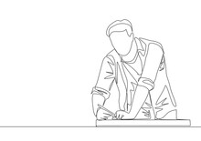 One Continuous Line Drawing Of Young Handsome Handyman Measuring Wooden Board To Cut. Building Construction Service Concept Single Line Draw Design Illustration
