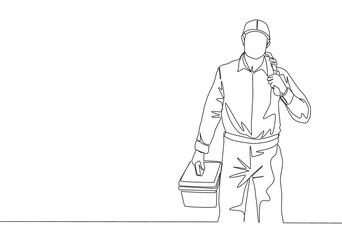 Sticker - One continuous line drawing of young attractive plumber carrying tools box and ready to do home kitchen pipe service. House maintenance service concept single line draw design illustration
