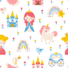 Princess Seamless Pattern With Unicorn, Swan, Castle And Rainbow. Vector Illustration Of A Girl In A Fairy Kingdom In A Hand-drawn Cartoon Style. The Pastel Palette Is Ideal For Baby Clothes Textiles