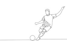 One Continuous Line Drawing Of Young Talented Football Player Take A Free Kick. Soccer Match Sports Concept. Single Line Draw Design Vector Illustration