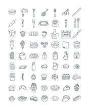Home Baking Thin Line Icons Set. Kitchen Utensils For Cooking Sweet Food. Ingredients For Homemade Bakery. Different Pastry Items. Sketchy Doodle Hand Drawn Linear Style