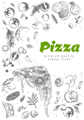 Wall Mural - Pizza line banner. Engraved style doodle background. Savoury pizza ads with illustration rich toppings dough. Tasty vector banner for cafe, restaurant or food delivery service