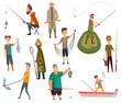 Set of fishermans fishing with fishing rod. Fishing equipment, leisure and hobby catch fish. Fisherman with fish or in boat, holding net or fishing rod.  illustration