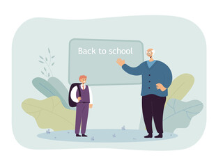 Poster - old teacher greeting pupil. boy in school uniform coming to class, elderly person, blackboard flat v