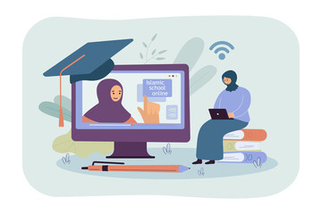 Wall Mural - Tiny girl in hijab studying in Islamic school online. Female character with laptop watching lecture flat vector illustration. Online education concept for banner, website design or landing web page