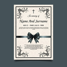 Funeral Card Vector Template, Condolence Flower Ornament With Cross, Name, Birth And Death Dates. Obituary Memorial, Gravestone Engraving With Fleur De Lis Symbols In Corners, Vintage Funeral Card. Ep