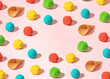 © Popovo - Colorful summer pattern made of ice cream scoops and cones on pastel pink background. Creatice copy space.