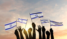 Silhouette Of Arms Raised Waving An Israel Flag With Pride. 3D Rendering