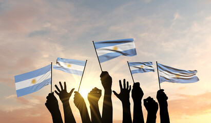 Poster - Silhouette of arms raised waving an Argentina flag with pride. 3D Rendering