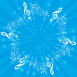 bright blue music background with white musical notes as decorative frame and center flash - vector