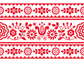 Poster - Polish long horizontal vector seamless embroidery pattern with flowers and hearts inspired by folk art embroidery Lachy Sadeckie - textile or fabric print ornament
	