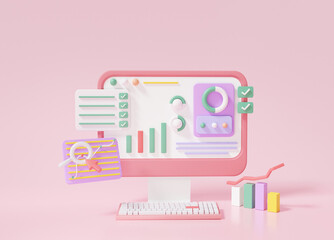Minimal style Search Engine Optimization or SEO marketing concept. growth web analytics click search via keyword information computer on pink pastel background. 3D rendering illustration
