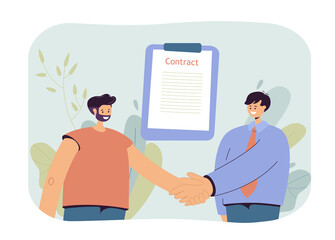 Sticker - Men signing contract vector illustration. Two smiling businessmen shaking hands with contract on background. Business concept for banner, website design, landing web page