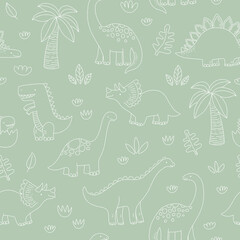 Wall Mural - Cute dinosaur seamless pattern. Green and white outlines in cartoon style.