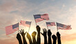 Silhouette of arms raised waving a USA flag with pride. 3D Rendering