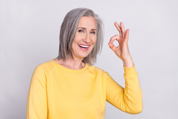 Sticker - Portrait of cheerful good mood beautiful mature woman showing thumb-up excellent isolated on grey color background