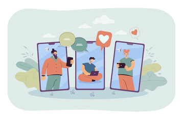 Happy people on mobile screens communicating online. Man with laptop, girl with tablet flat vector illustration. Communication, job interview concept for banner, website design or landing web page