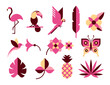 Tropical birds and flowers isolated abstract vector illustration, with flamingo, toucan, hummingbird, parrot, butterfly, flowers and leaves. Geometric style.