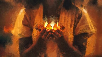 Poster - lotus candle holder laying on woman hands. Painting effect.