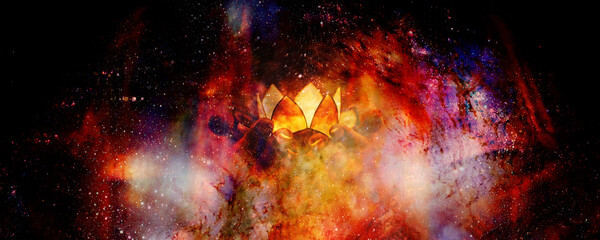 Poster - lotus candle holder laying on woman hands on abstract structured space background.