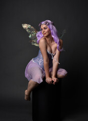 Sticker - Full length portrait of a purple haired  girl wearing fantasy corset dress with fairy wings and flower crown.  Seated pose against a dark studio background.