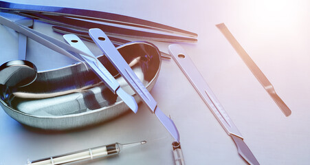 medical surgical tools on the table, medical device background render 3d 