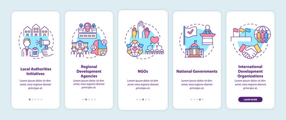Community development programs levels onboarding mobile app page screen with concepts. NGOs walkthrough 5 steps graphic instructions. UI, UX, GUI vector template with linear color illustrations