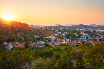 Wall Mural - Amazing panoramic view of Murter-Kornati town, sea and Kornati islands, scenic landscape in sunset light, Murter otok, Dalmatia, Croatia. Outdoor travel background