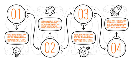 Hand drawn infographic. Four steps with text boxes can be used for timeline. Diagram for workflow. Vector illustration.