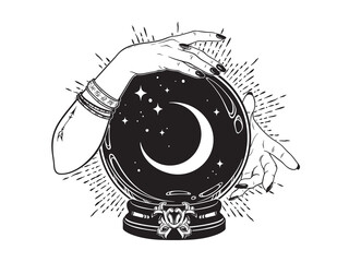 Wall Mural - Magic crystal ball with crescent moon and stars in hands of fortune teller line art and dot work. Boho chic tattoo, poster or altar veil print design vector illustration