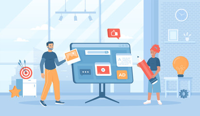Wall Mural - Content creation. Writing and editing texts, Posting photos and videos. Content marketing. Web and app development. People building user interface. Flat cartoon vector illustration with people 
