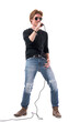 © sharplaninac - Handsome young singer with sunglasses smiling and holding microphone. Full body length isolated on white background.