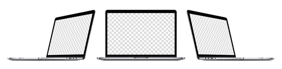 Realistic laptop computer mockup set : front view, sideway view. Isolated perspective devices with empty screens on white background. Editable blank screen mock-up. Vector illustration.