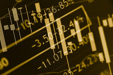 Candlestick chart in financial stock market on digital number background. Forex trading graphic design and Stock market trading trend as concept.