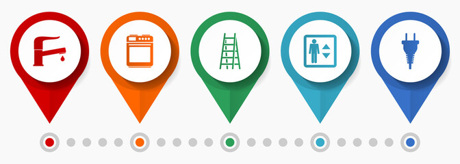 Poster - Home installations, household appliances vector icon set, flat design pointers, infographic template