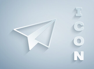 Sticker - Paper cut Paper airplane icon isolated on grey background. Paper art style. Vector